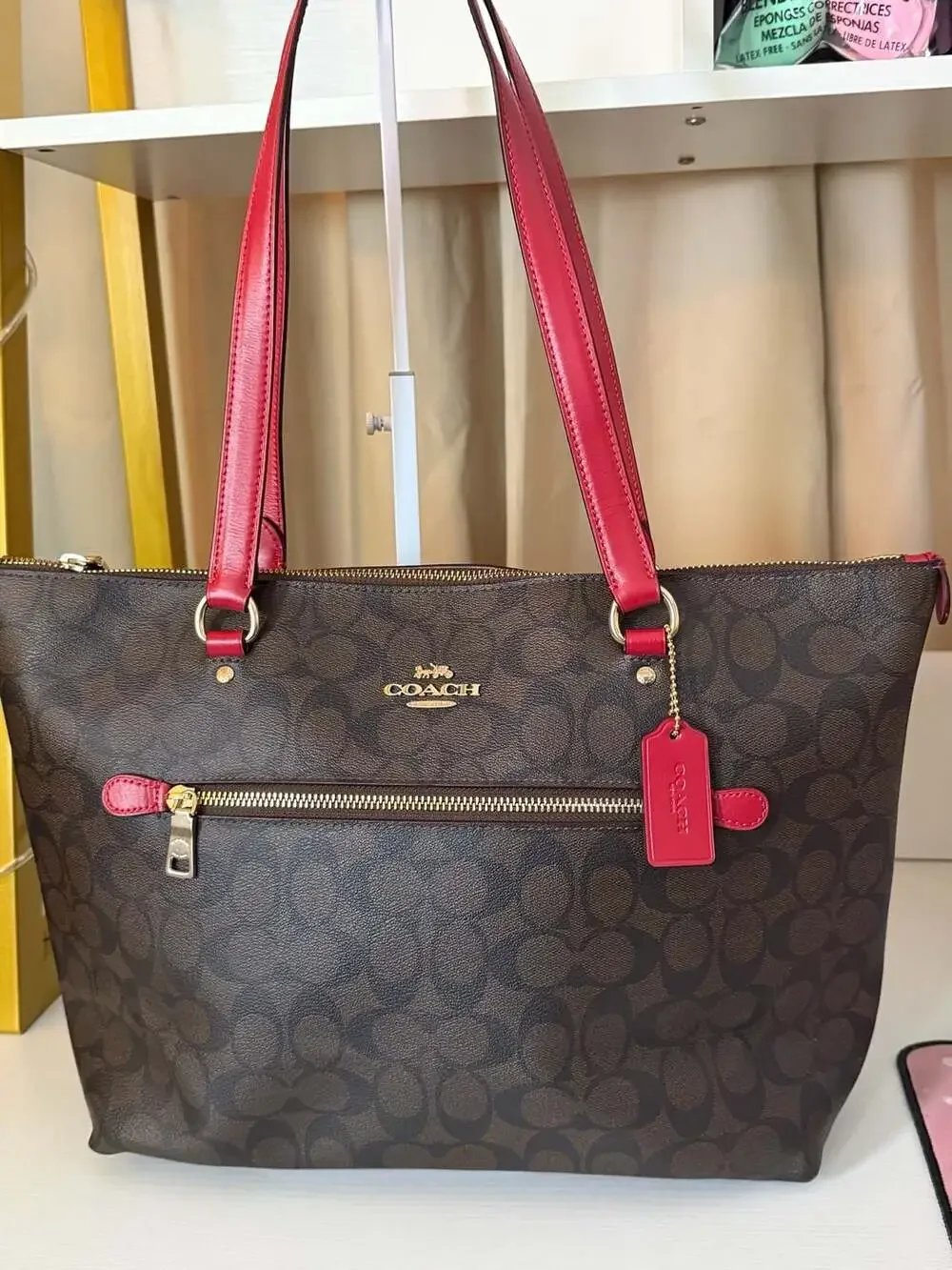 Coach Gallery Tote in Signature Canvas with Red Leather Trim